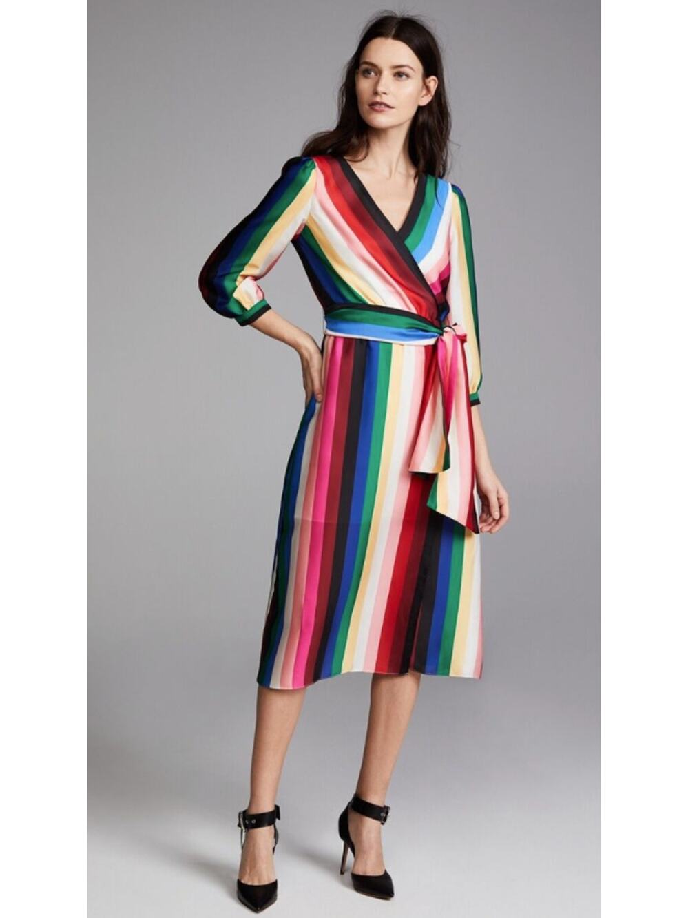 Alice + Olivia Dyanna Rainbow Striped Deep V Neck Wrap Dress Size 6